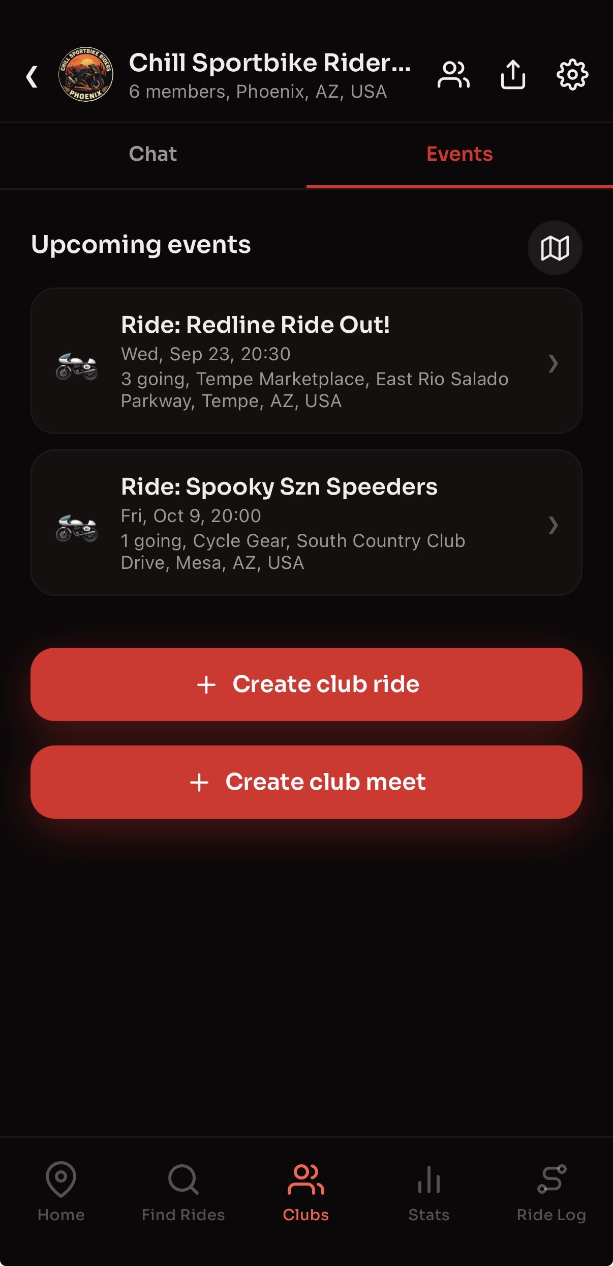 Chill Sportbike Riders club events, including Redline Ride Out and Spooky Szn Speeders