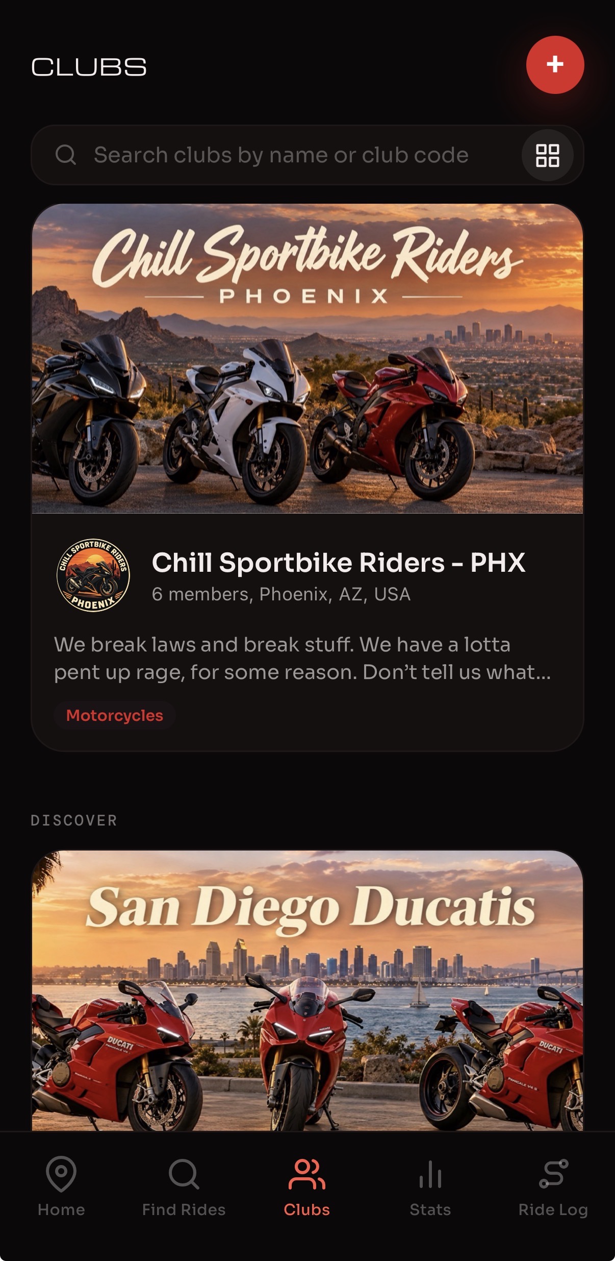 Radds Clubs screen showing Chill Sportbike Riders in Phoenix and San Diego Ducatis