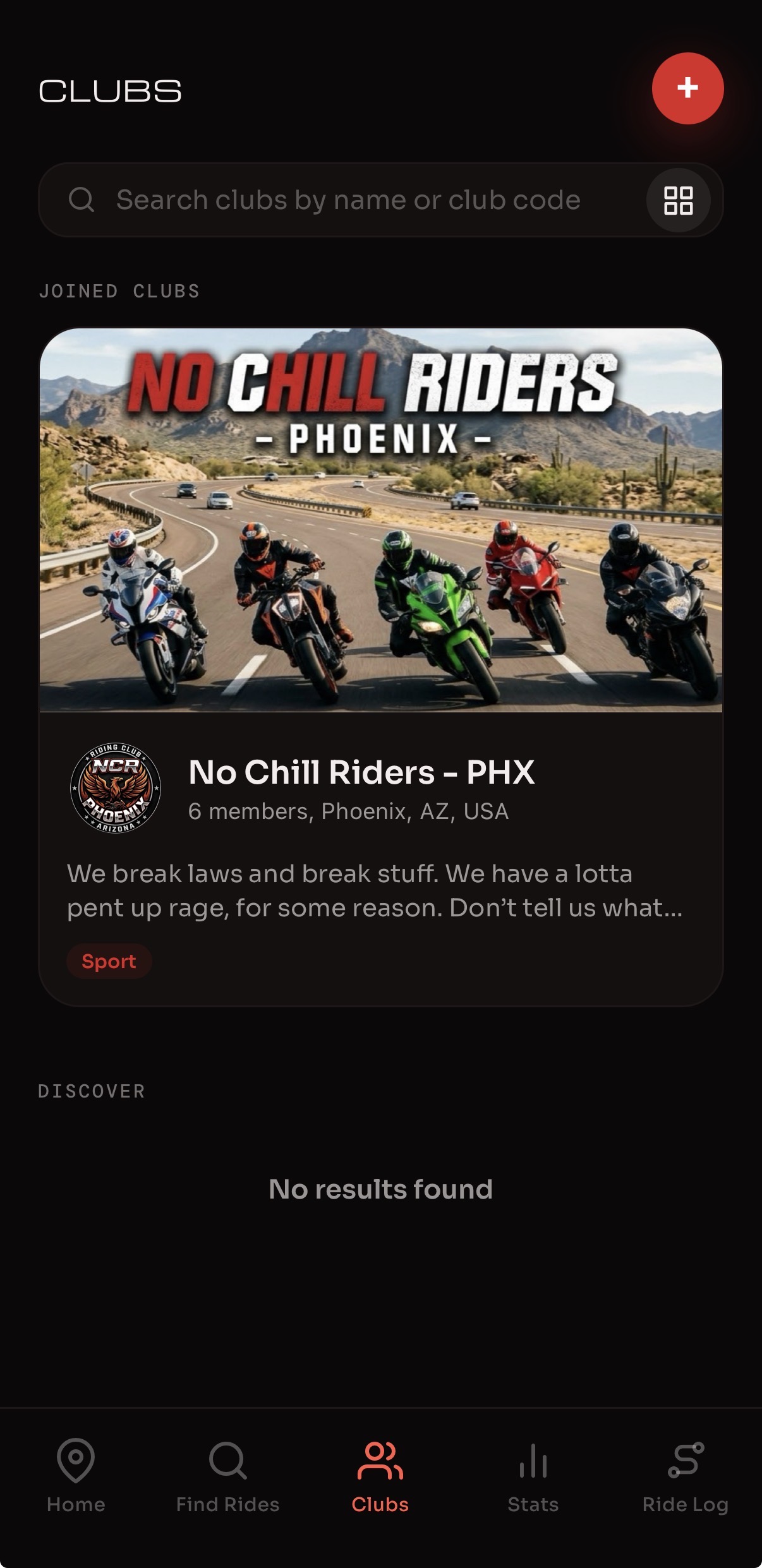 Radds Clubs screen showing a joined motorcycle community
