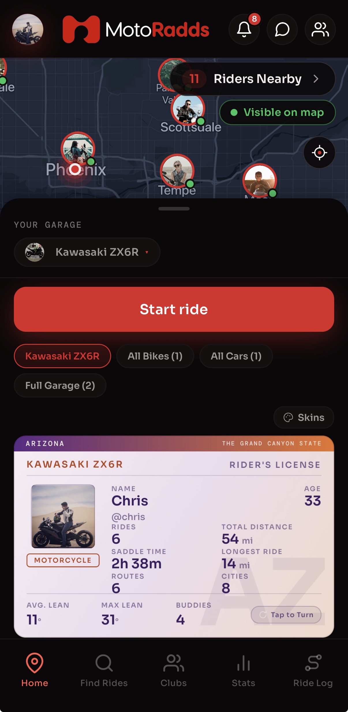 Radds home screen with nearby riders, garage, and Chris’s rider’s license
