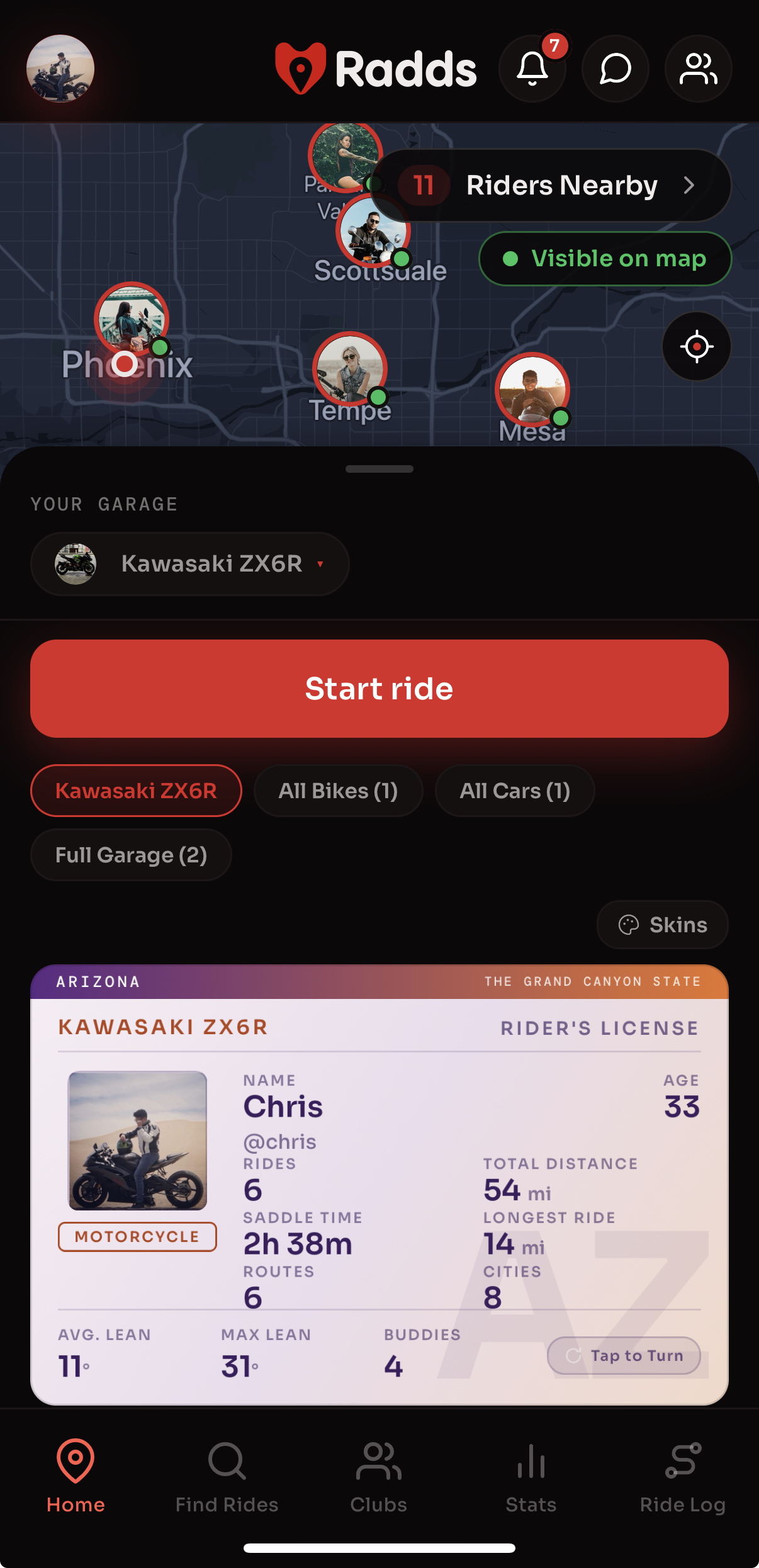 Chris’s Arizona rider’s license with total distance, saddle time, routes, and riding buddies