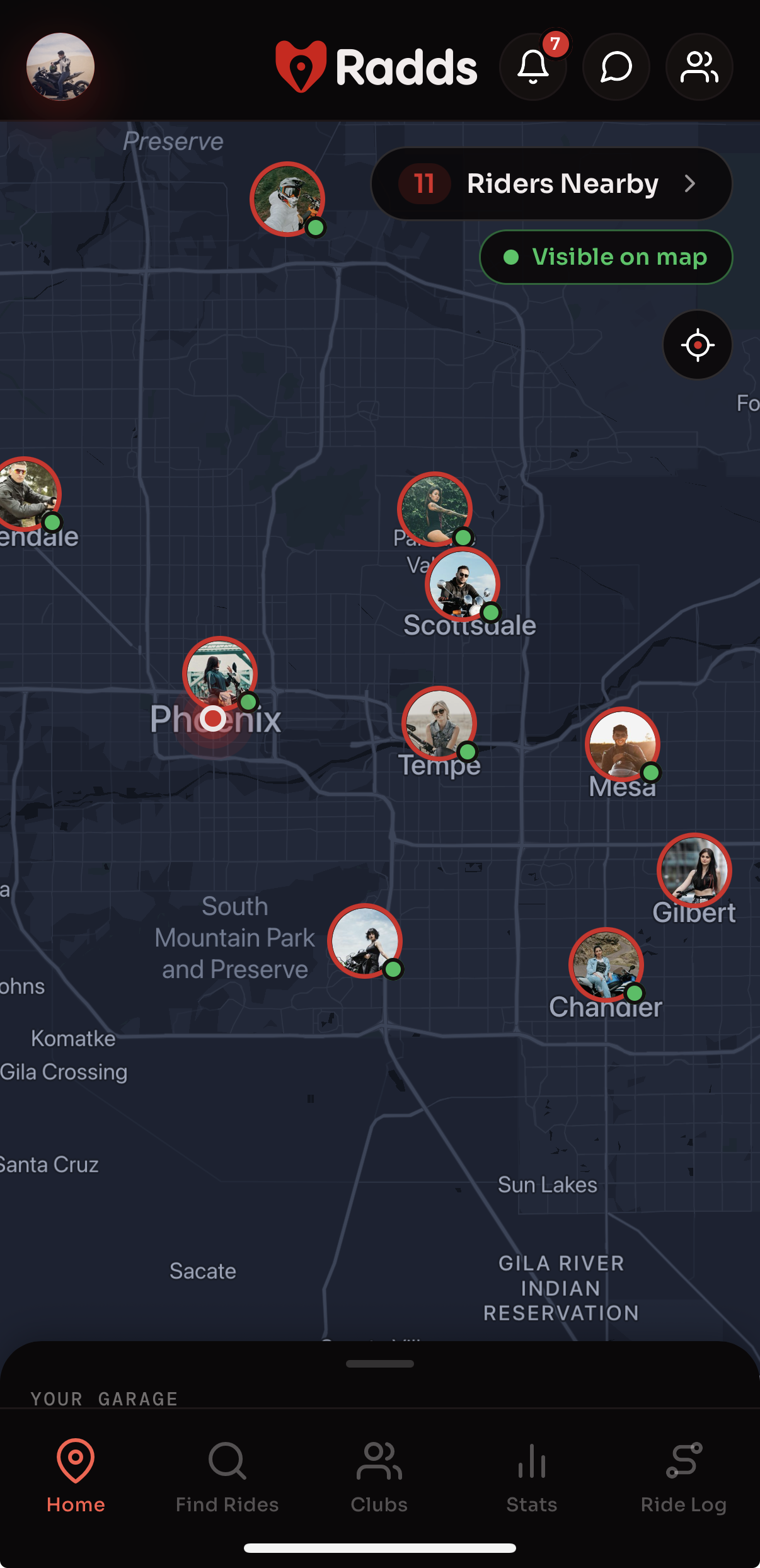 Nearby riders on the Radds map with the garage and license collapsed