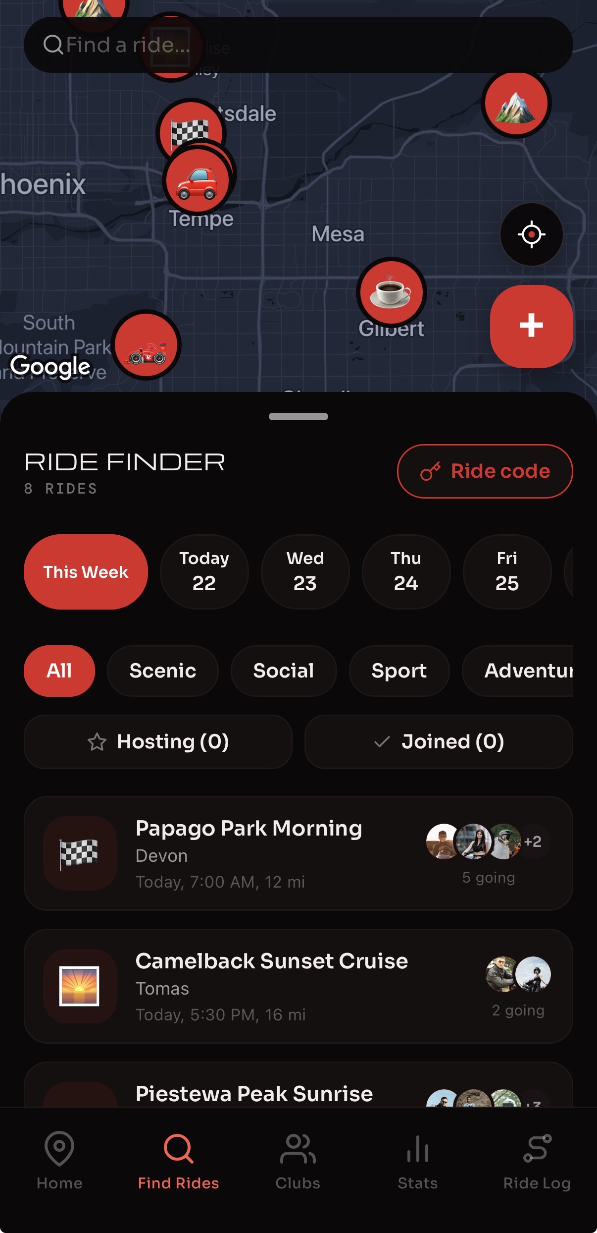 Radds Ride Finder showing upcoming group rides