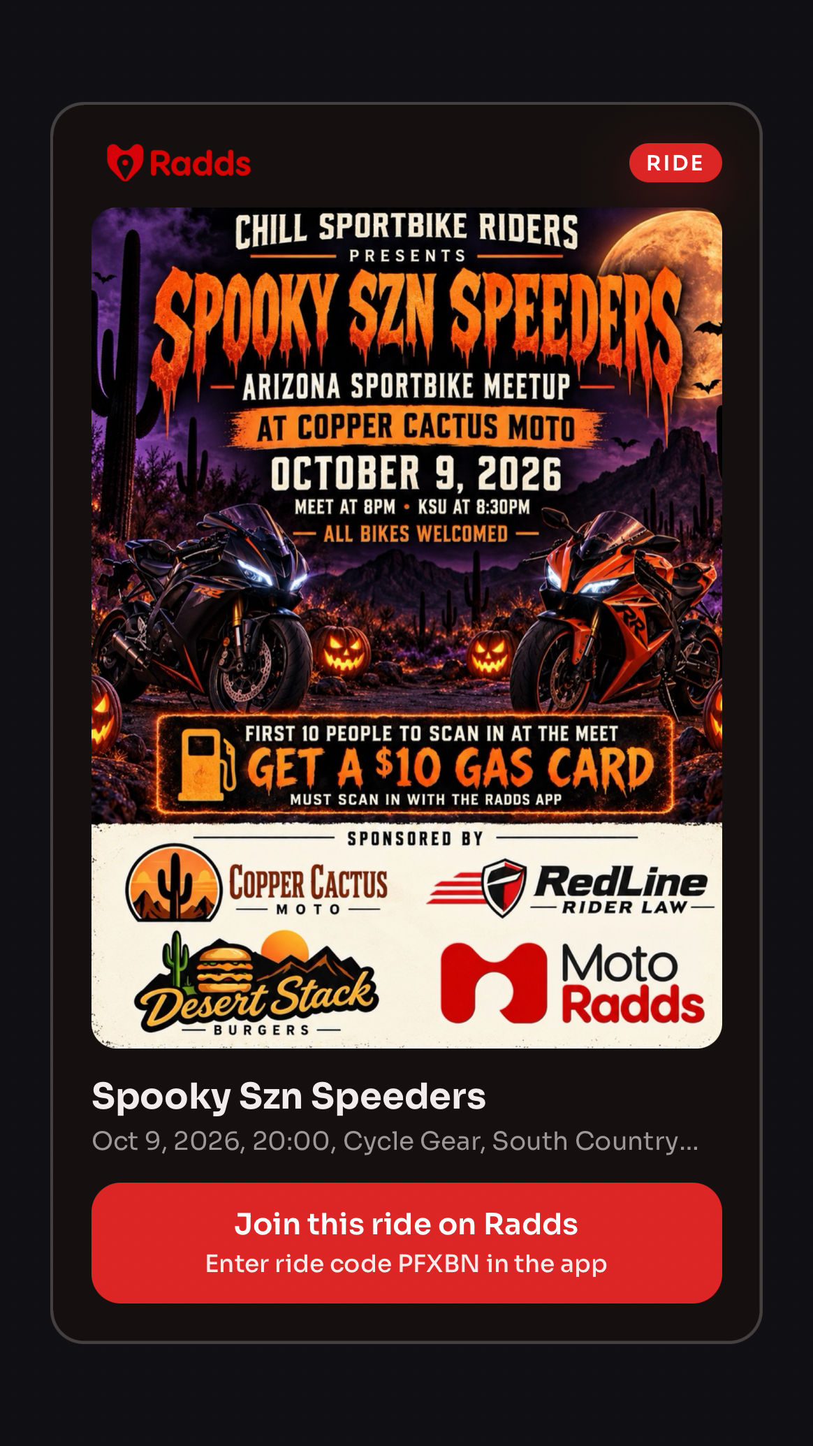 Example event card shared from Radds, combining a Spooky Szn Speeders flyer, event details, and a ride code